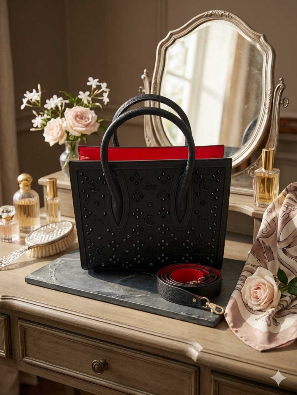 Black Tote Bag Studded Front Designer Inspired
